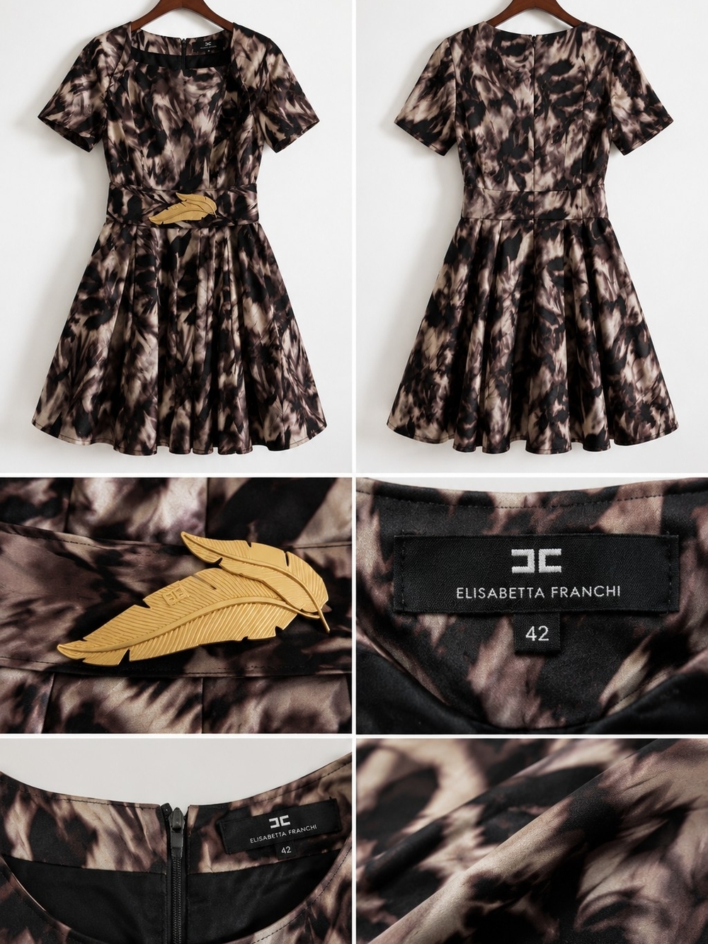 Elisabetta Franchi Black and Brown Tie-Dye Mini Dress with Gold Accent